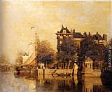 Moored Canvas Paintings - Moored Sailing Vessels Along A Quay, Amsterdam